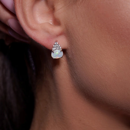 925 Sterling Silver Rhodium Plated Cluster CZ Opal Stud Earrings