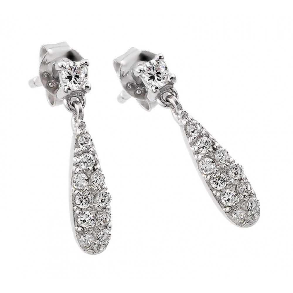 925 Silver Rhodium Plated Round Clear CZ Teardrop Dangling Stud Earrings