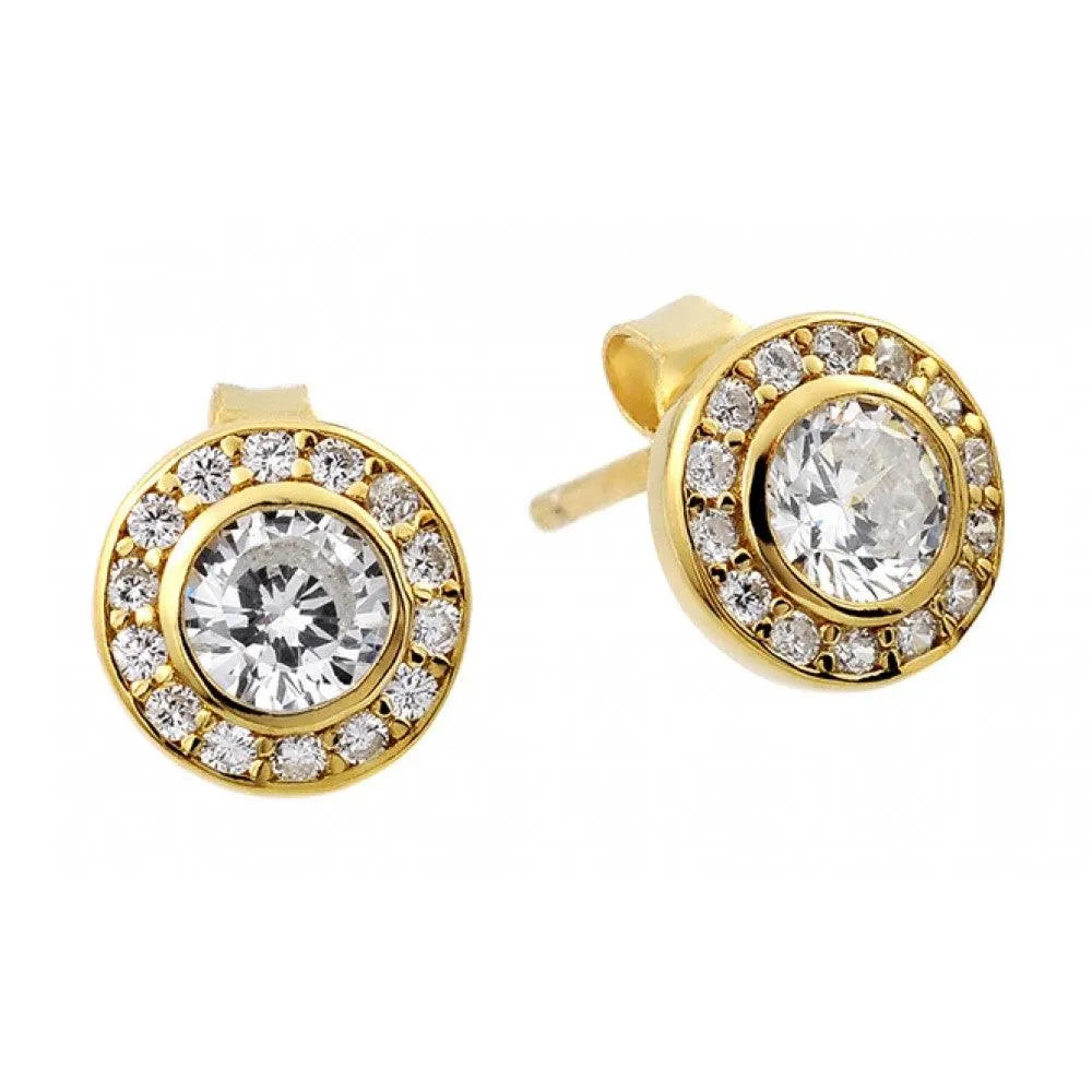 925 Sterling Silver Gold and Rhodium Plated Round Clear CZ Stud Earrings