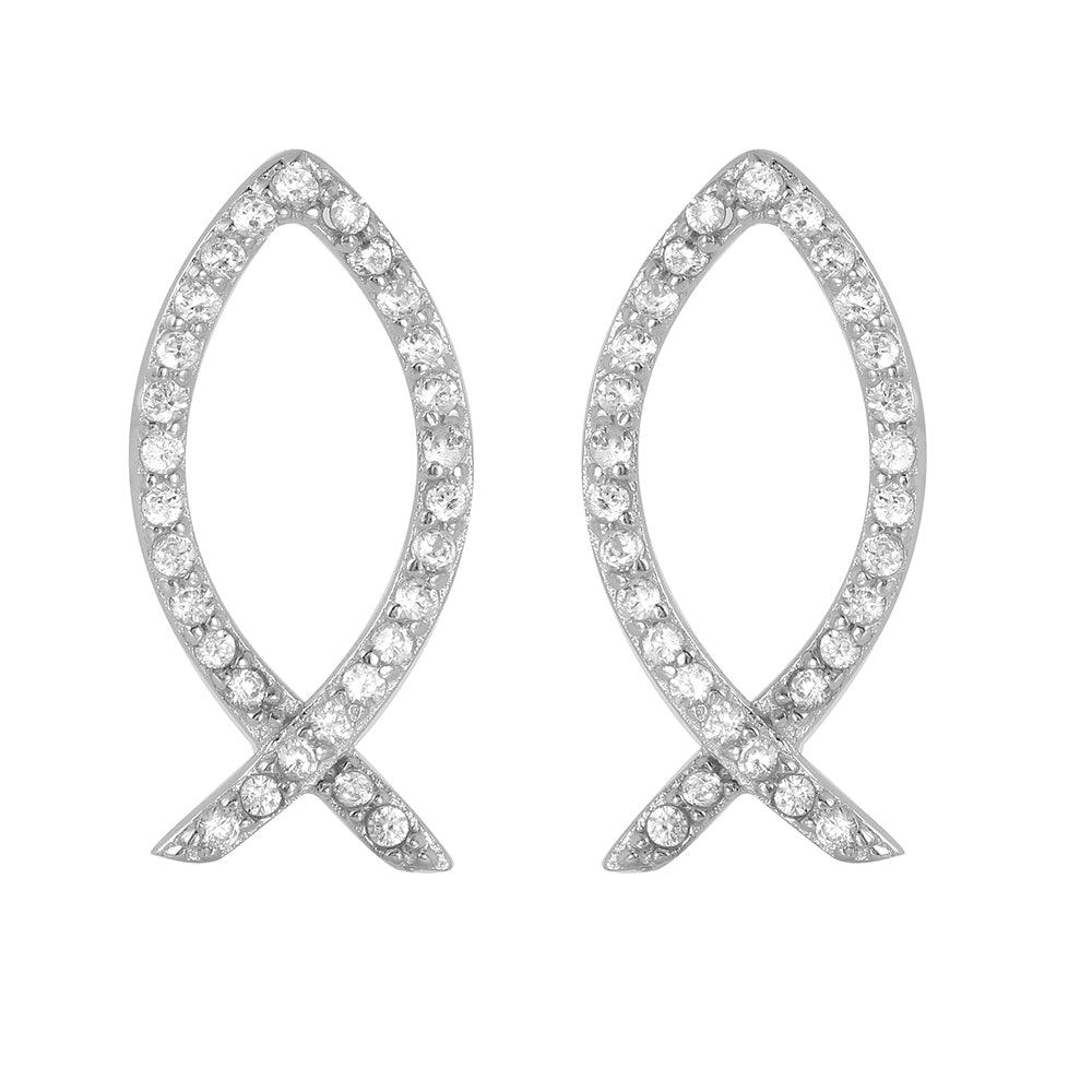 925 Sterling Silver Rhodium Plated Open Fish Earrings