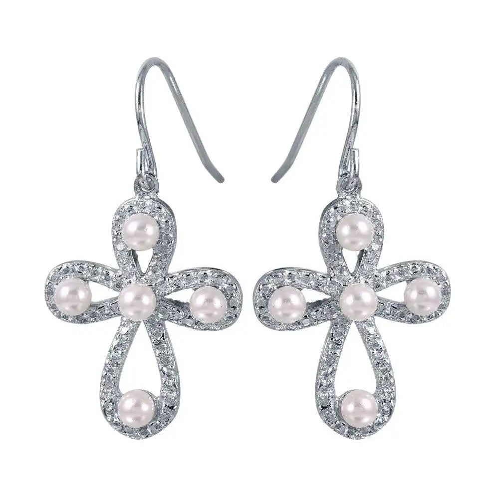 925 Sterling Silver Rhodium Plated Rounded Textured Cross Earrings with Synthetic Pearls
