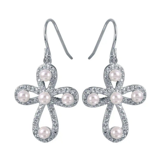 925 Sterling Silver Rhodium Plated Rounded Textured Cross Earrings with Synthetic Pearls