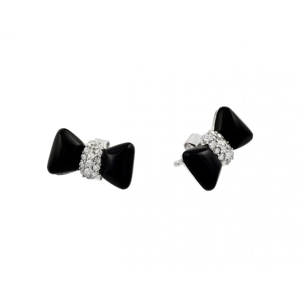 925 Silver Rhodium Plated Black Enamel Bow Tie Earrings