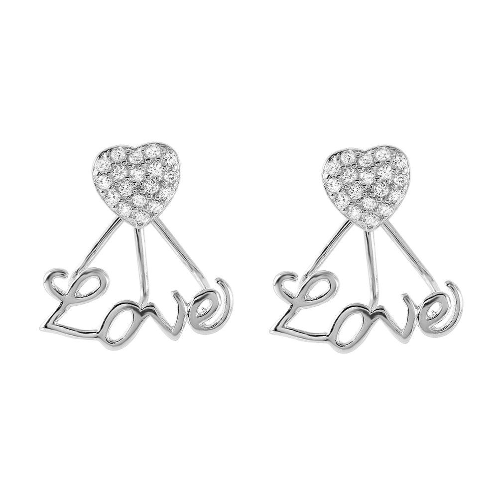 925 Silver Rhodium Plated Love Heart CZ Rake Earrings