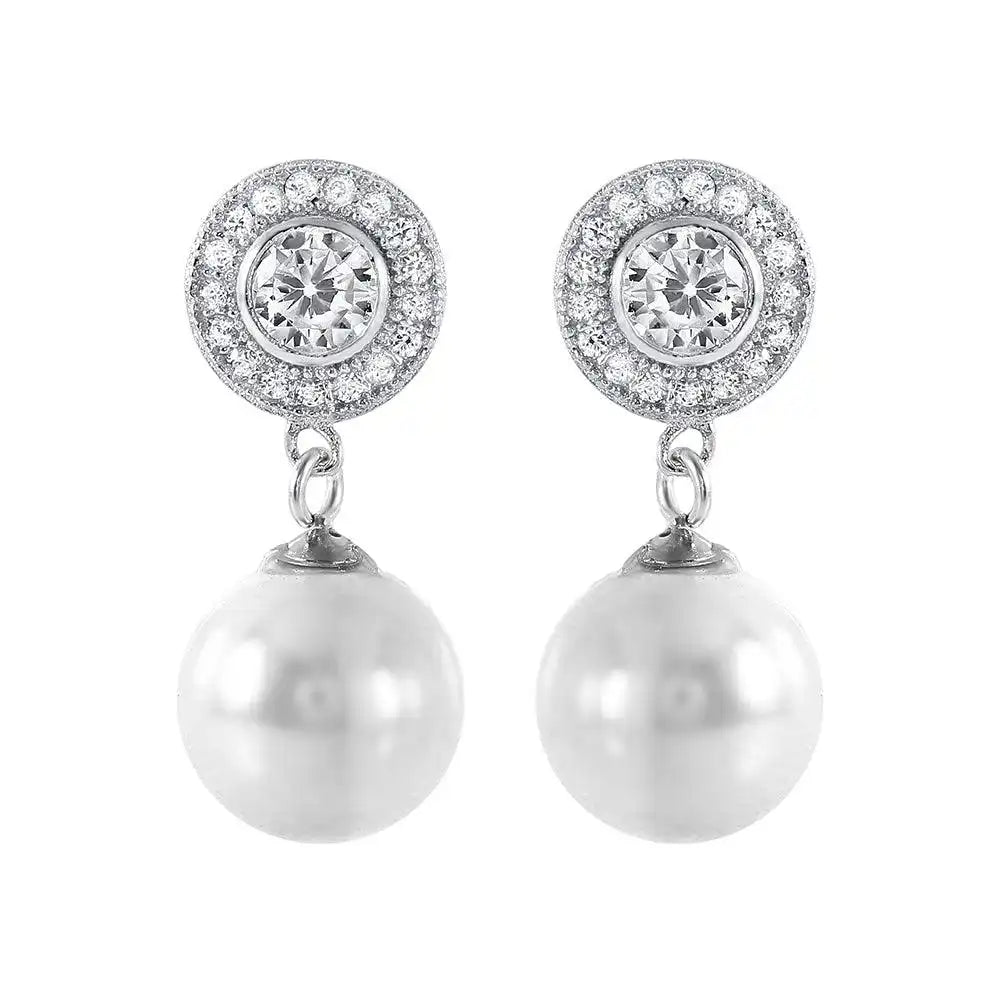 925 Sterling Silver Rhodium Plated Pearl CZ Cluster Earrings