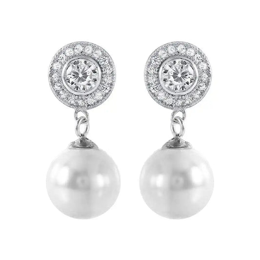 925 Sterling Silver Rhodium Plated Pearl CZ Cluster Earrings