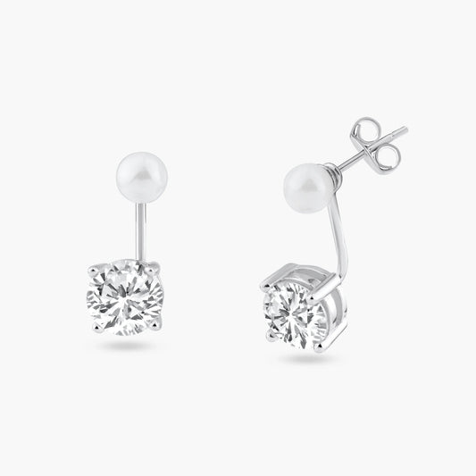 925 Sterling Silver Rhodium Plated Pearl Front and Back Earrings