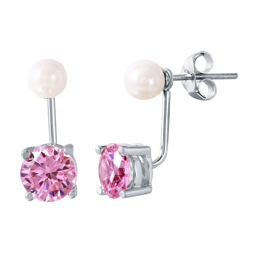 925 Sterling Silver Rhodium Plated Faux Pearl & Birthstone CZ Front and Back Earring Jacket