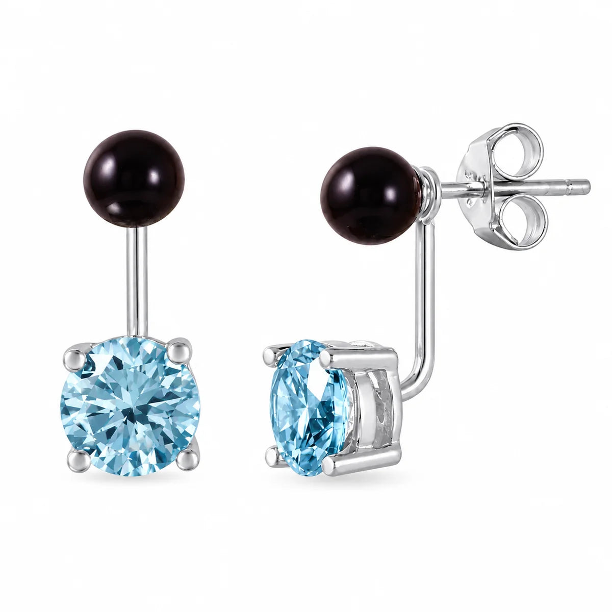 925 Sterling Silver Rhodium Plated Faux Pearl & Birthstone CZ Front and Back Earring Jacket