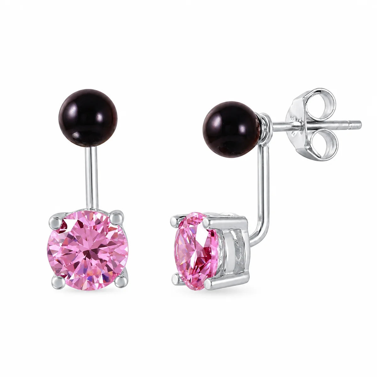 925 Sterling Silver Rhodium Plated Faux Pearl & Birthstone CZ Front and Back Earring Jacket