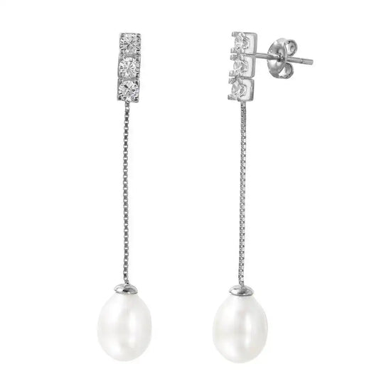 925 Sterling Silver Rhodium Plated Chain Pearl CZ Dangling Stud Earrings
