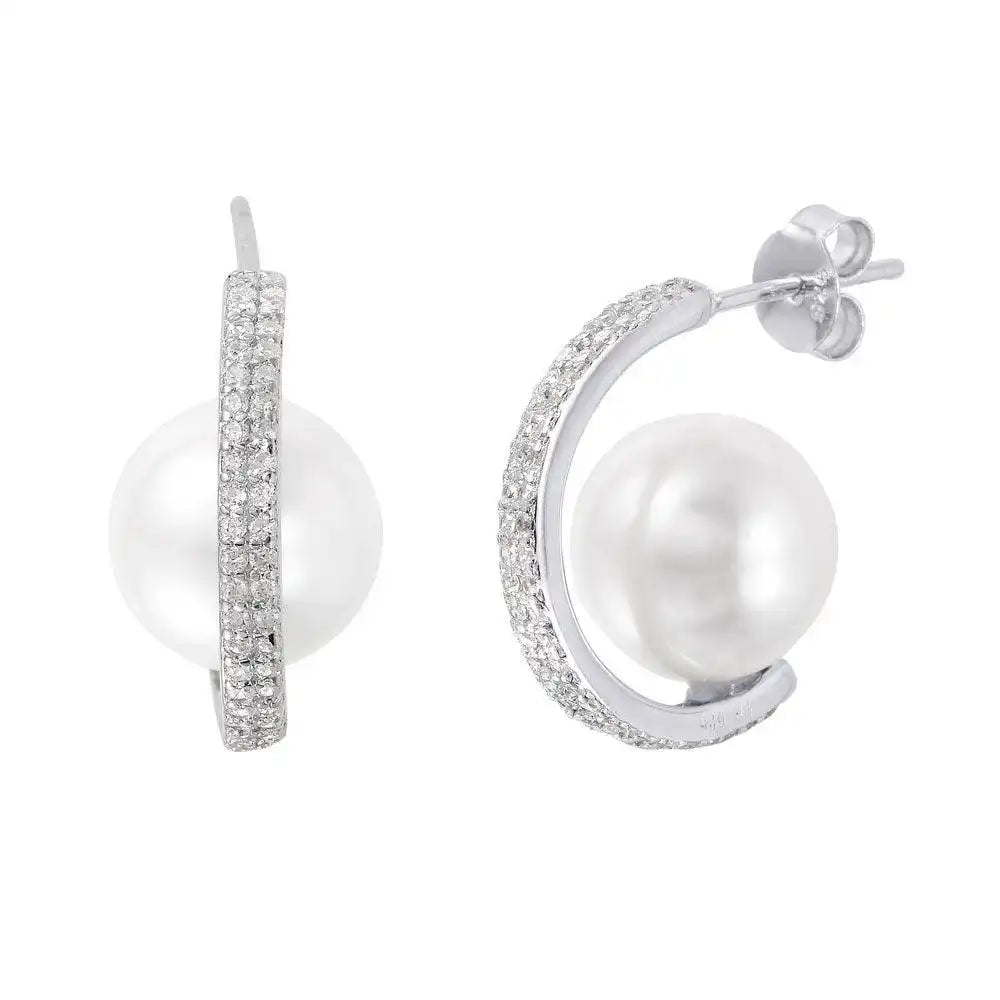 925 Sterling Silver Rhodium Plated C-Curved Pearl CZ Stud Earrings