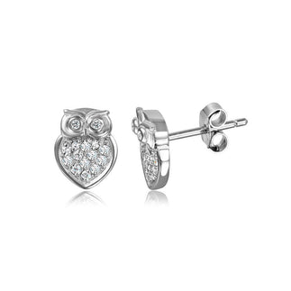 925 Silver Rhodium Plated Owl Post CZ Earrings
