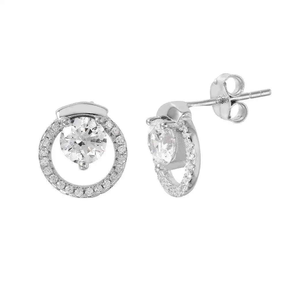 925 Sterling Silver Rhodium Plated Open Circle CZ Stud Earrings