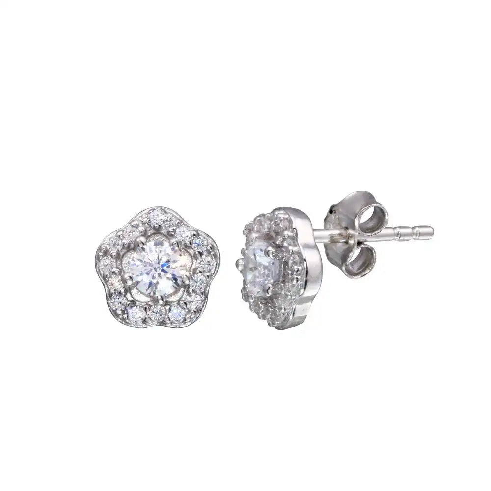 925 Sterling Silver Rhodium Plated Flower CZ Earring
