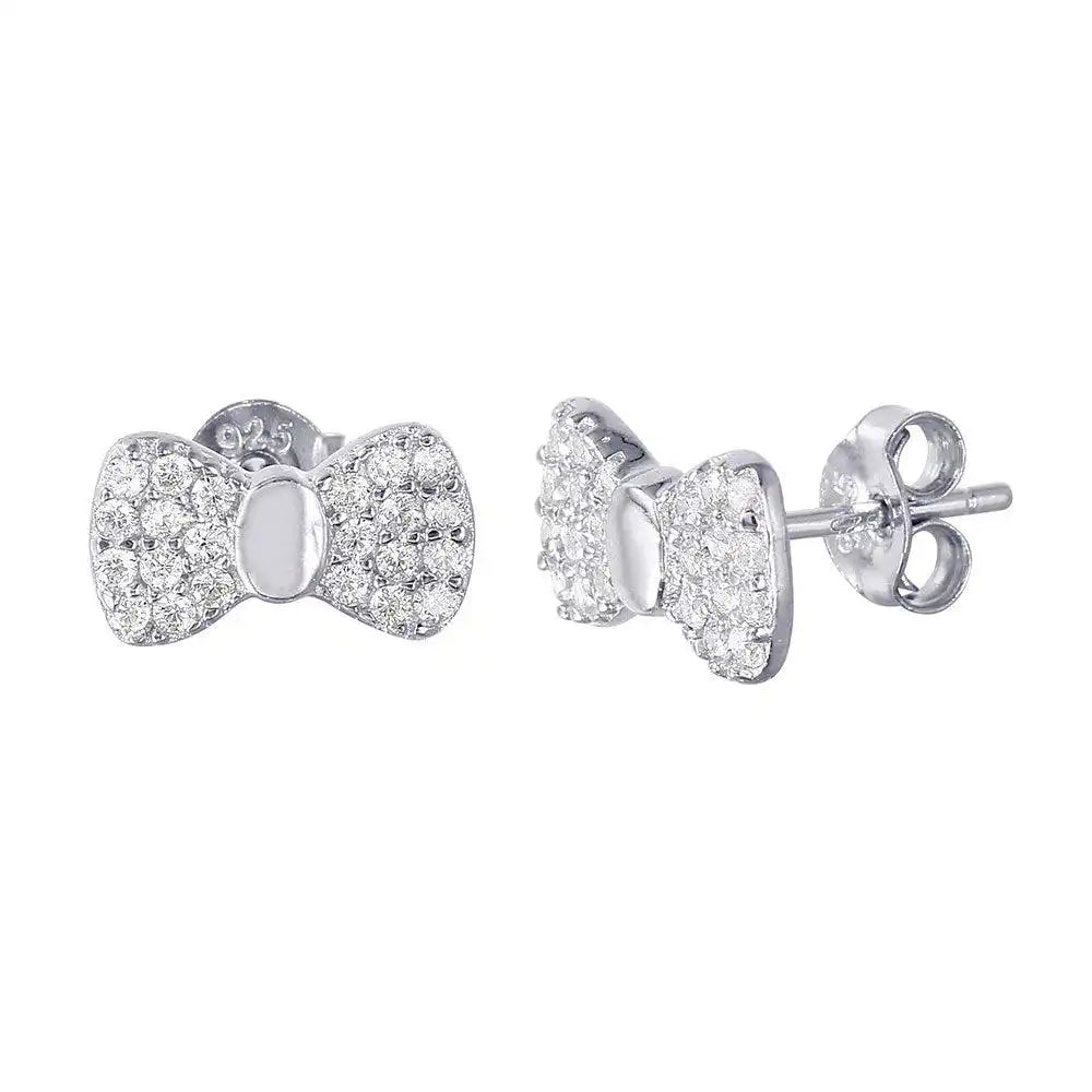 925 Sterling Silver Rhodium Plated CZ Bow Earrings