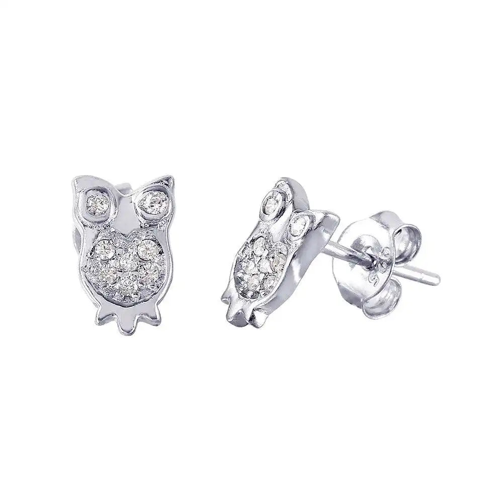 925 Sterling Silver Rhodium Plated Owl CZ Earrings