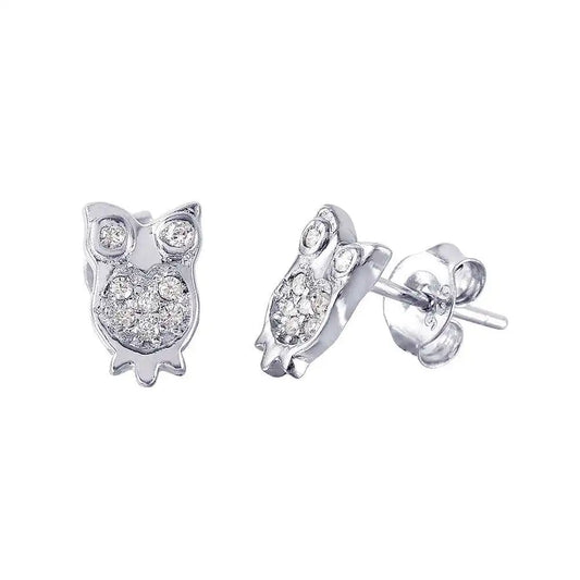 925 Sterling Silver Rhodium Plated Owl CZ Earrings