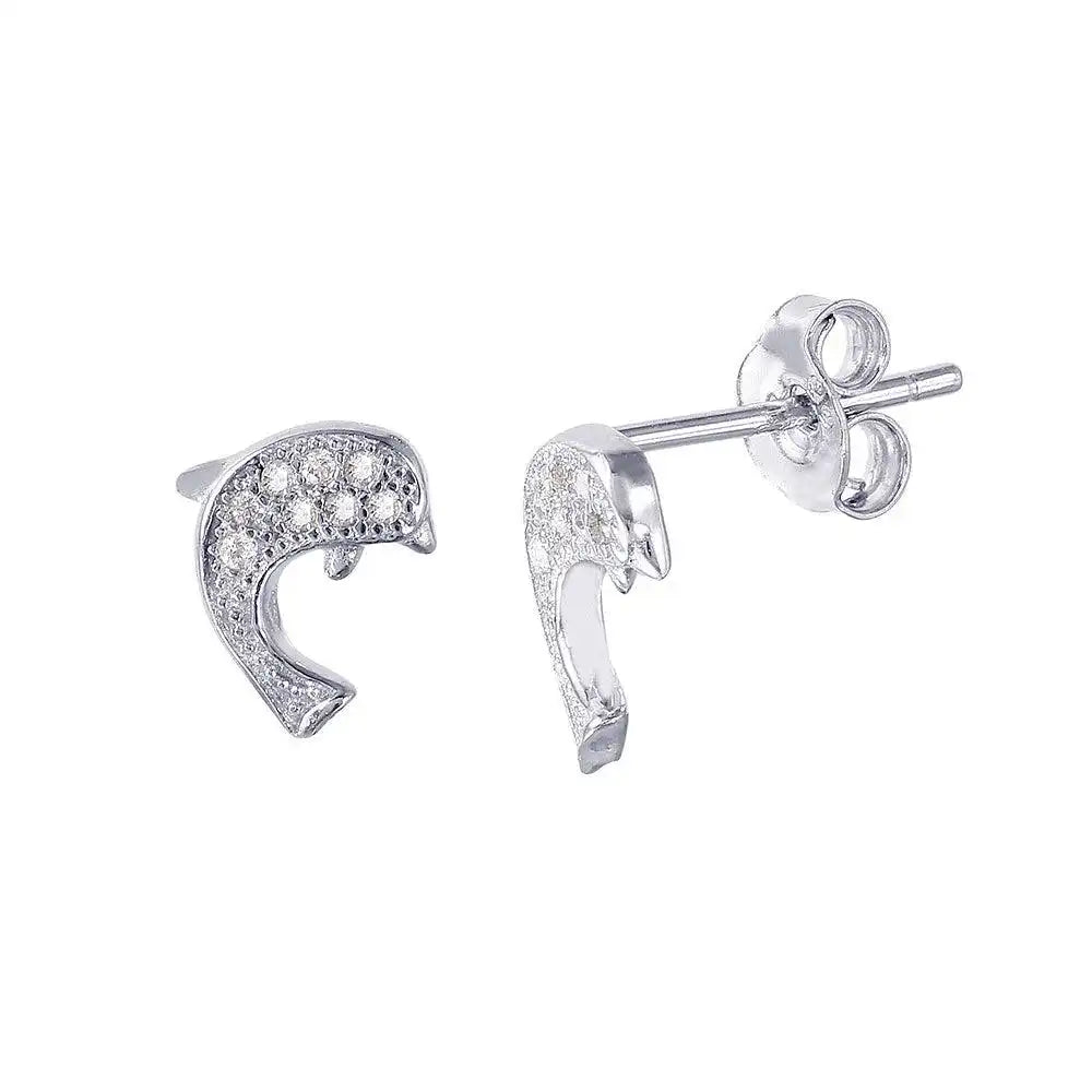 925 Sterling Silver Rhodium Plated Dolphin CZ Earrings