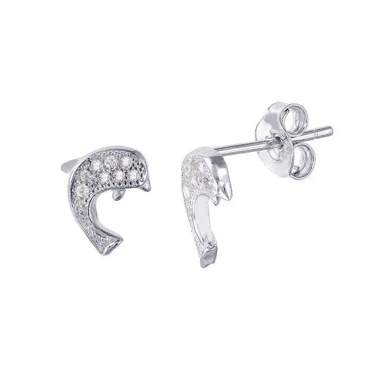925 Sterling Silver Rhodium Plated Dolphin CZ Earrings