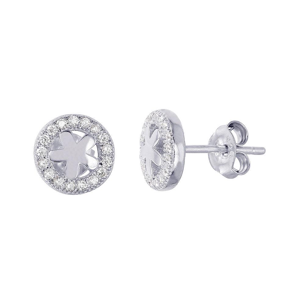 925 Silver Rhodium Plated Flower Halo CZ Earrings