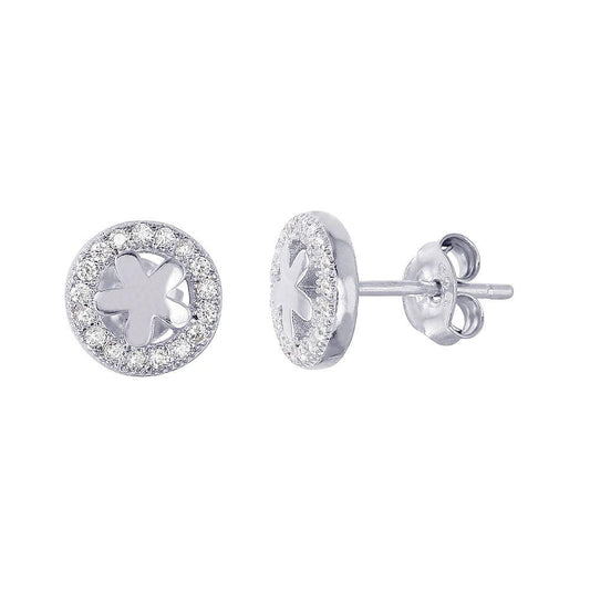 925 Silver Rhodium Plated Flower Halo CZ Earrings