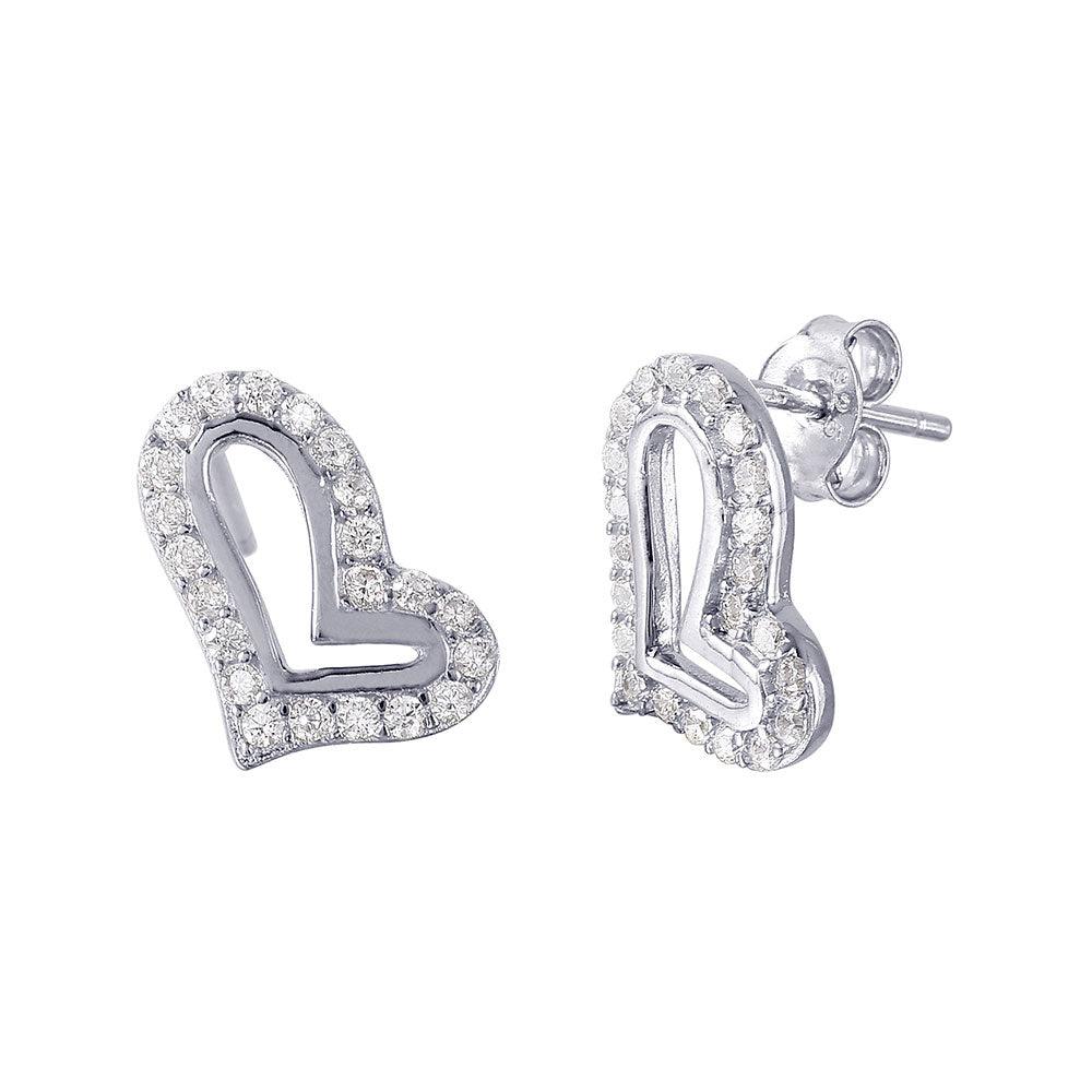925 Silver Open Side Way Heart CZ Earrings