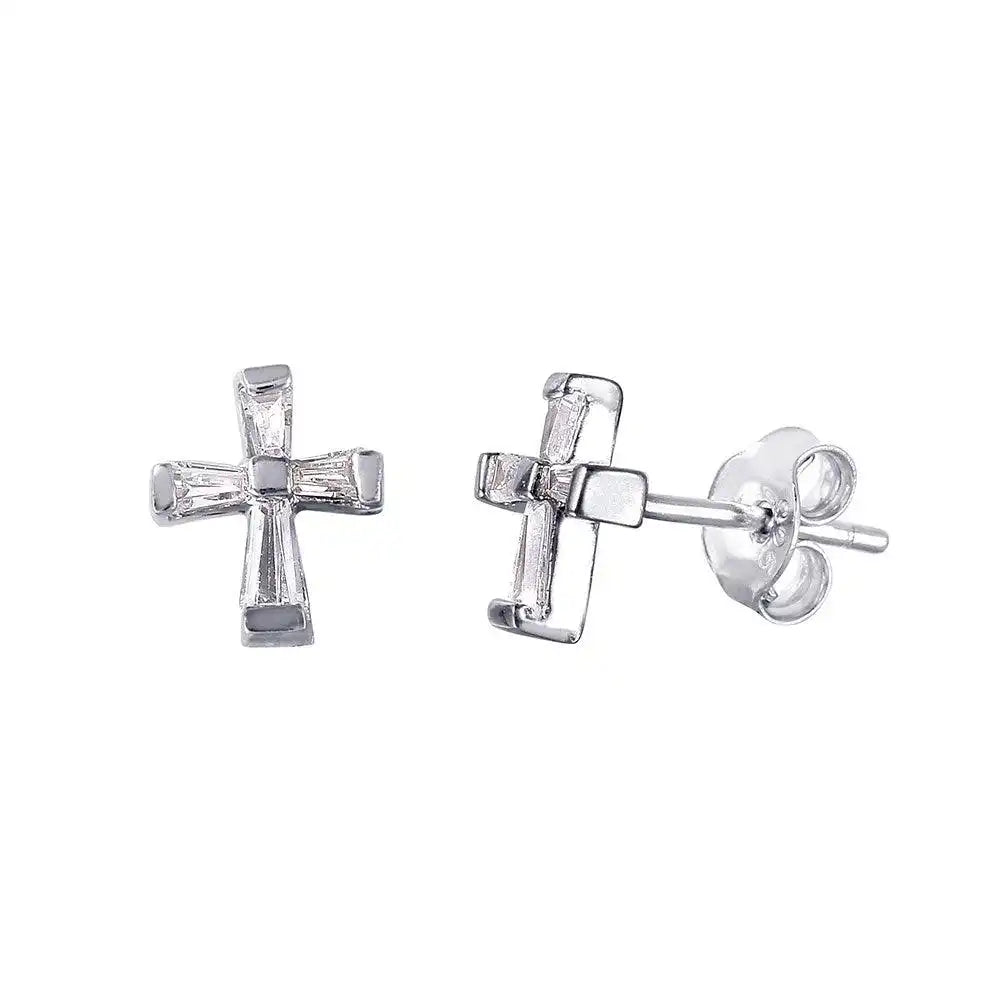 925 Sterling Silver Rhodium Plated Baguette CZ Cross Earrings