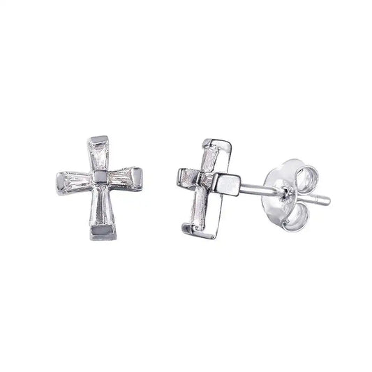 925 Sterling Silver Rhodium Plated Baguette CZ Cross Earrings