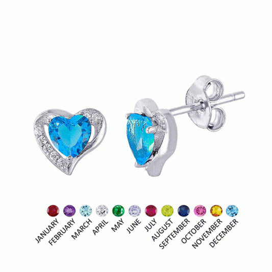 925 Sterling Silver Rhodium Plated Heart with Birthstone Center Stud Earrings