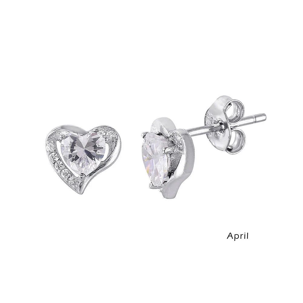 925 Sterling Silver Rhodium Plated Heart with Birthstone Center Stud Earrings