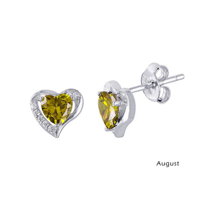 925 Sterling Silver Rhodium Plated Heart with Birthstone Center Stud Earrings