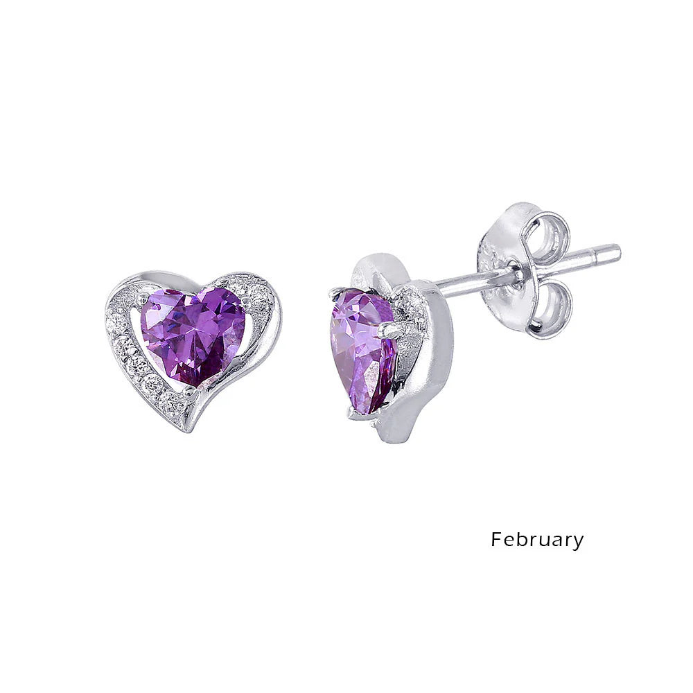 925 Sterling Silver Rhodium Plated Heart with Birthstone Center Stud Earrings