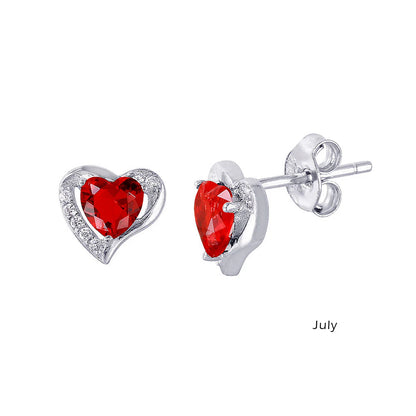 925 Sterling Silver Rhodium Plated Heart with Birthstone Center Stud Earrings