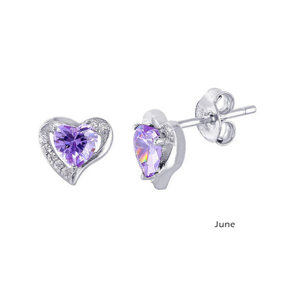 925 Sterling Silver Rhodium Plated Heart with Birthstone Center Stud Earrings