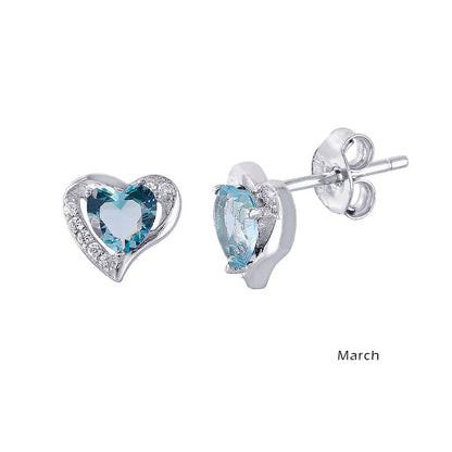 925 Sterling Silver Rhodium Plated Heart with Birthstone Center Stud Earrings