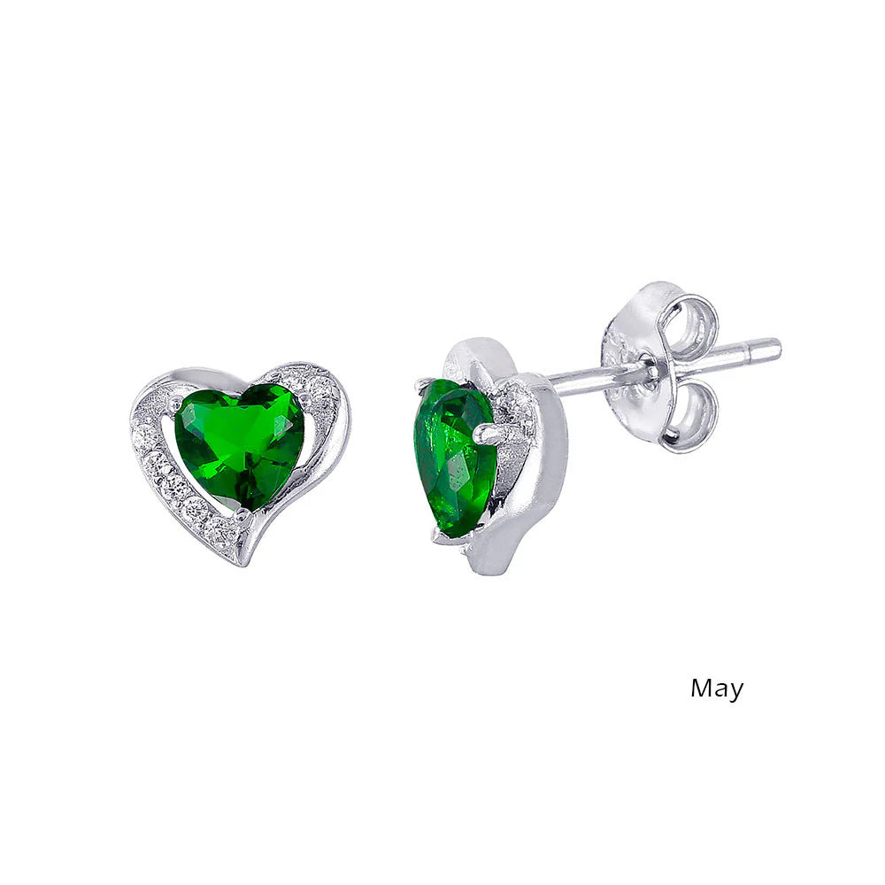 925 Sterling Silver Rhodium Plated Heart with Birthstone Center Stud Earrings