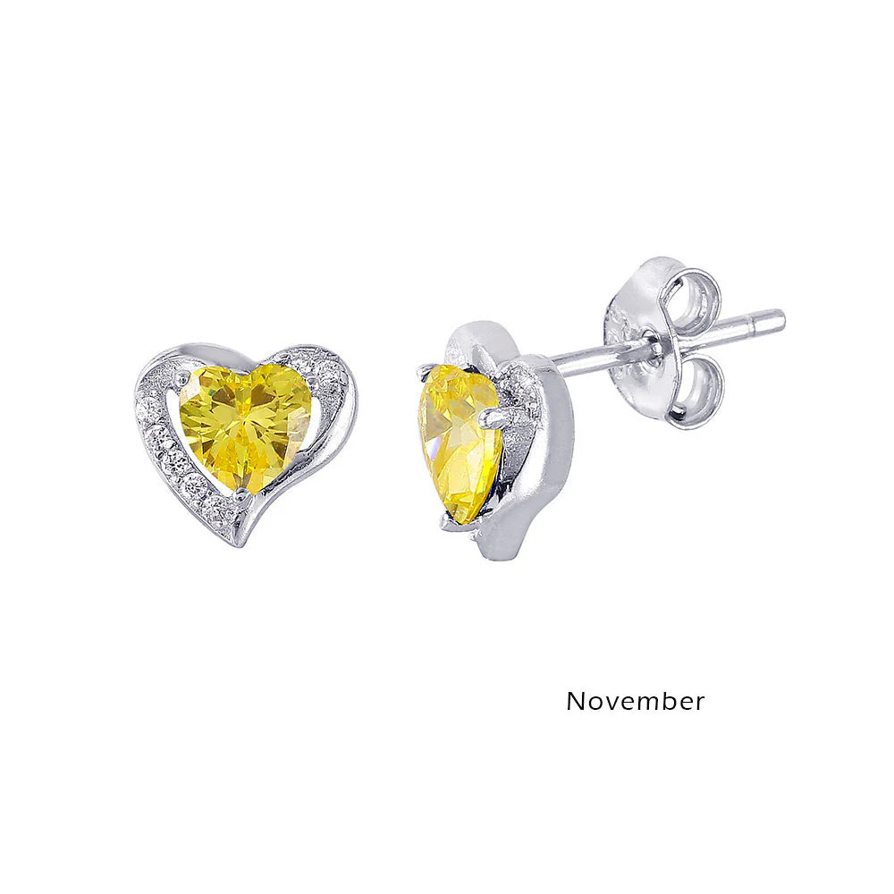 925 Sterling Silver Rhodium Plated Heart with Birthstone Center Stud Earrings