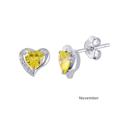 925 Sterling Silver Rhodium Plated Heart with Birthstone Center Stud Earrings