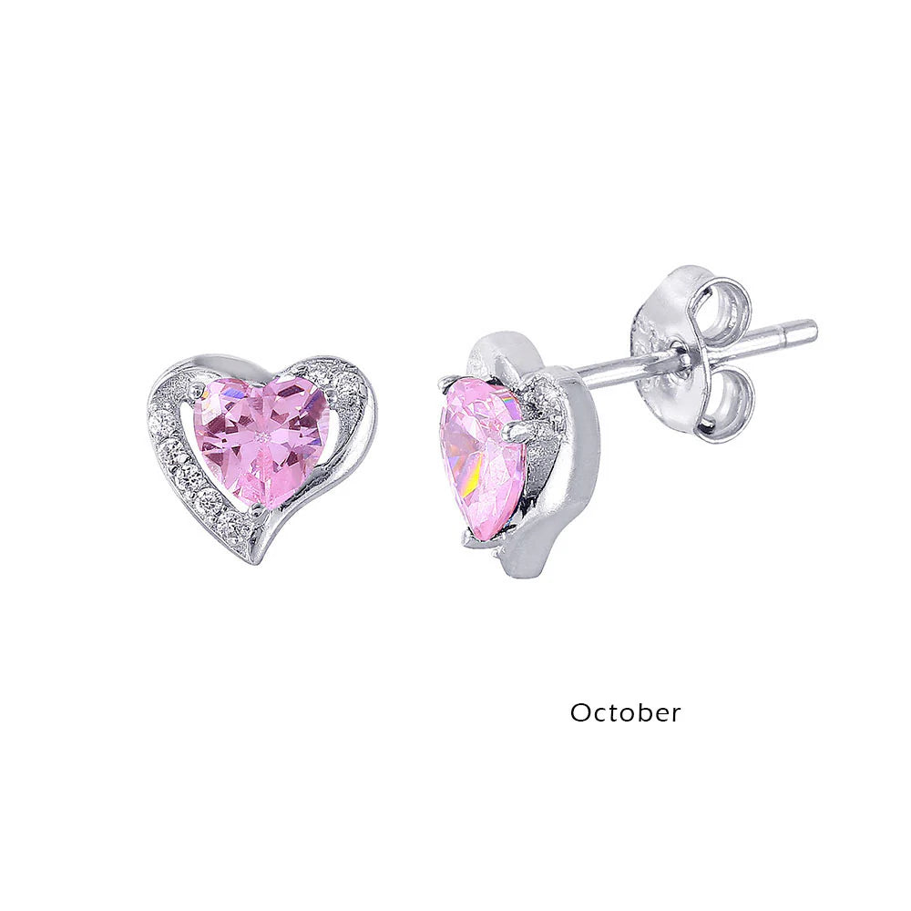 925 Sterling Silver Rhodium Plated Heart with Birthstone Center Stud Earrings