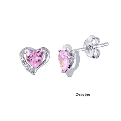 925 Sterling Silver Rhodium Plated Heart with Birthstone Center Stud Earrings