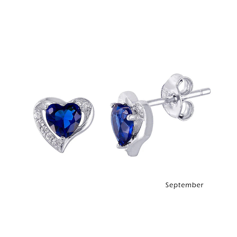 925 Sterling Silver Rhodium Plated Heart with Birthstone Center Stud Earrings
