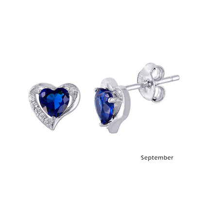 925 Sterling Silver Rhodium Plated Heart with Birthstone Center Stud Earrings