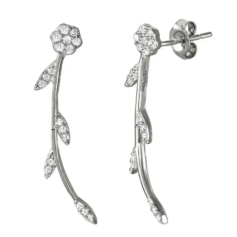 925 Sterling Silver Rhodium Plated Long Stem Flower Earrings with CZ