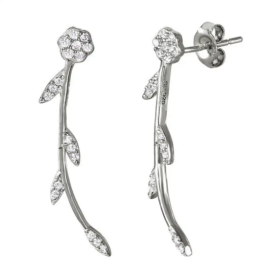 925 Sterling Silver Rhodium Plated Long Stem Flower Earrings with CZ