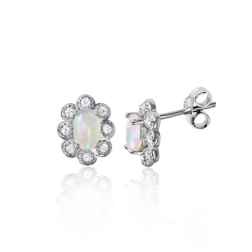 925 Sterling Silver Rhodium Plated Flower Stud with CZ and Synthetic Opal
