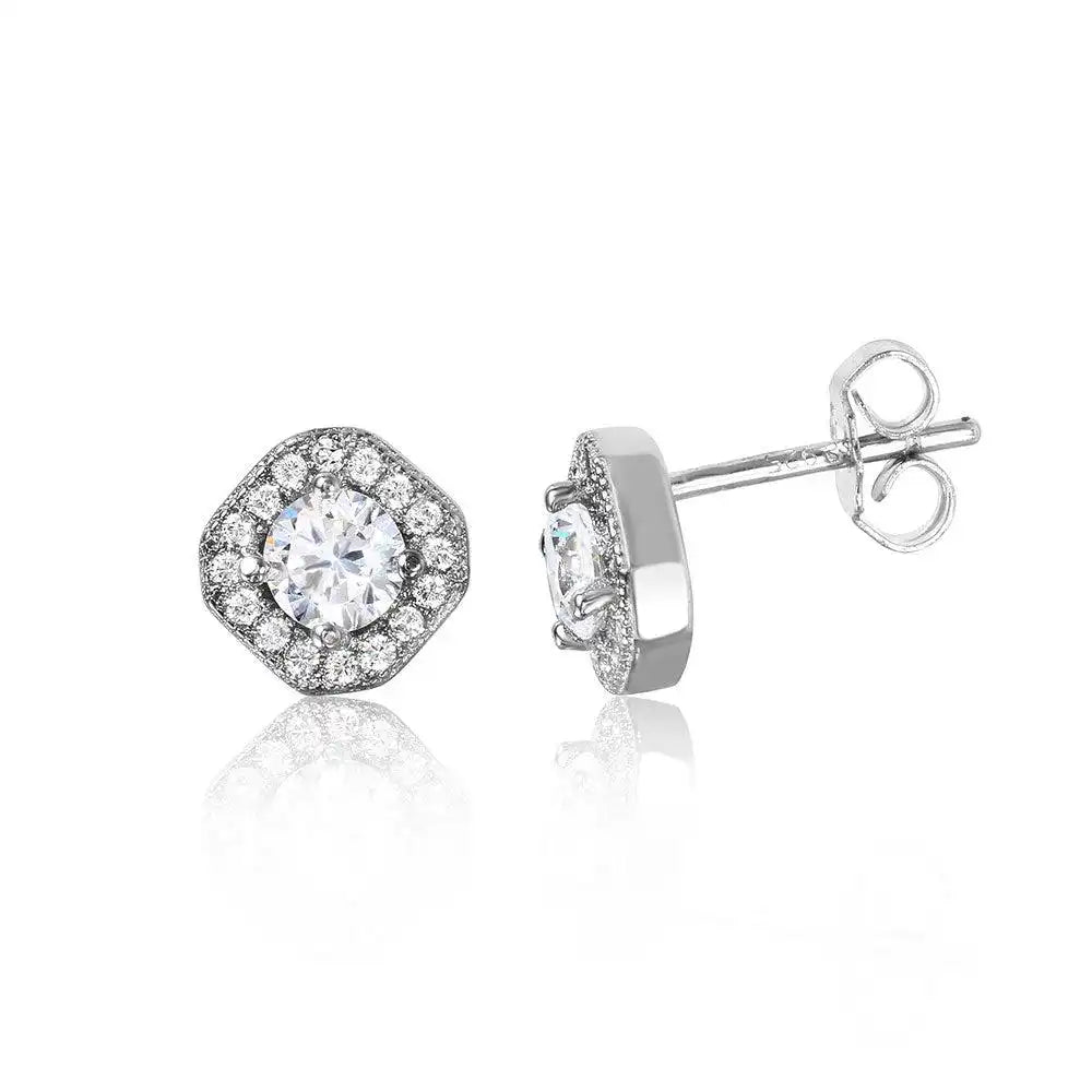 925 Sterling Silver Rhodium Plated Round Halo Earrings