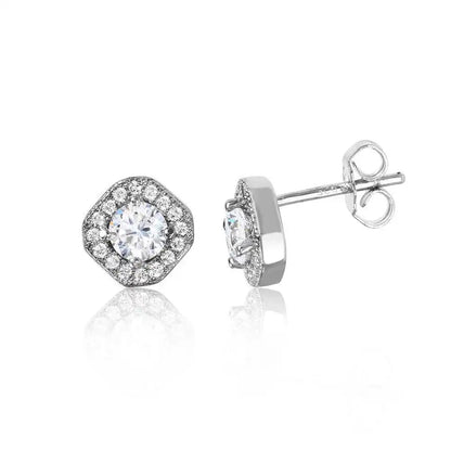 925 Sterling Silver Rhodium Plated Round Halo Earrings