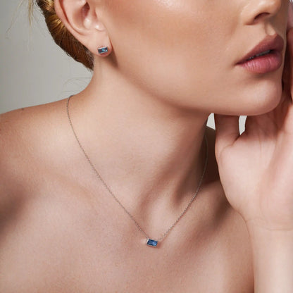 925 Sterling Silver Rhodium Plated Blue CZ Rectangle Necklace