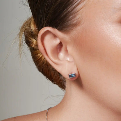 925 Sterling Silver Rectangle Blue CZ Stud Earrings